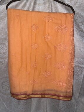 Peach Orange Cotton Saree silk trim